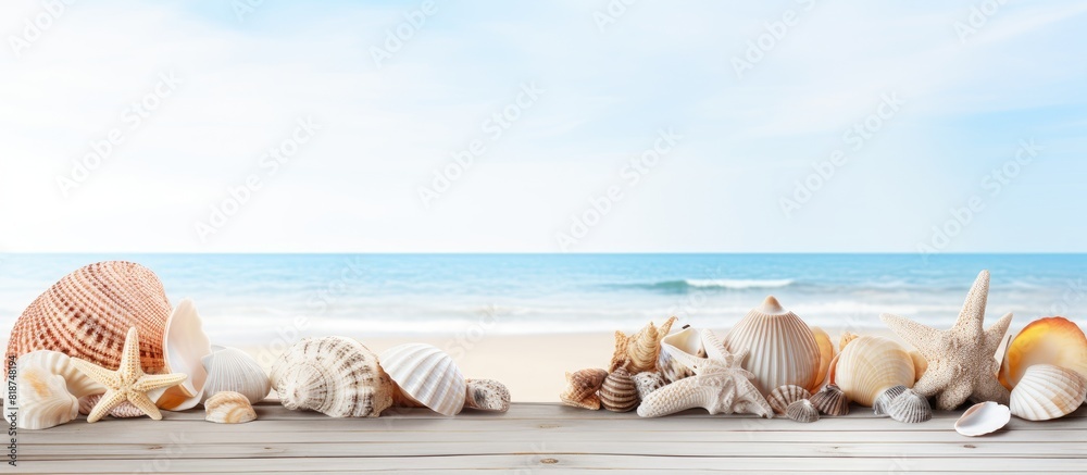 Aufkleber Close up copy space image of sea shells on white wooden planks representing the concept of summer vacation