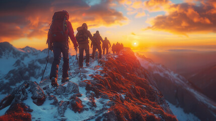 A group of people are hiking up a mountain, with the sun setting in the background. Scene is adventurous and exciting, as the group is taking on a challenging hike