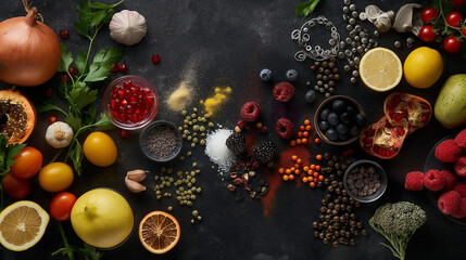Assorted Fresh Fruits, Vegetables, and Spices on Dark Background