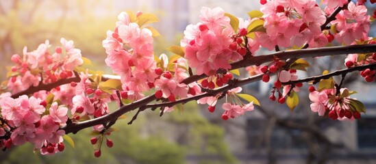 Fototapeta premium In a park on Elagin Island in St Petersburg there is a copy space image of a sunlit apple tree branch adorned with red and pink flowers