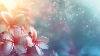 A close-up of vibrant pink plumeria flowers with a soft bokeh effect in the dreamy background, invoking a tranquil mood