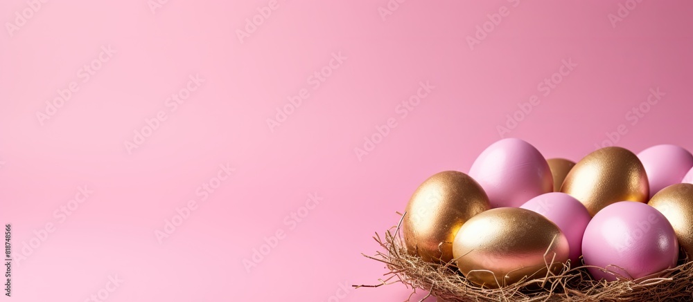 Aufkleber A nest of golden Easter eggs sits atop a pink background creating a minimal Easter concept that offers copy space for text