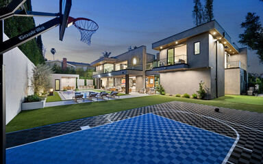 Home featuring an outdoor basketball court with hoop, New Construction Home in Tarzana, California © Wirestock