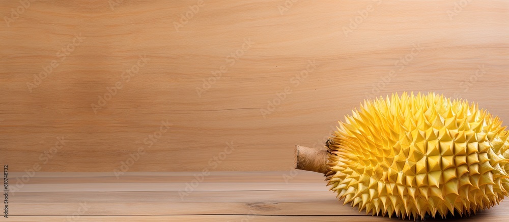 Poster Copy space image of a ripe durian fruit with thorns on a wooden board background perfect for adding text