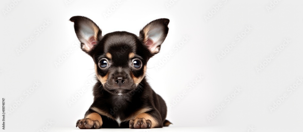 Poster A cute Chihuahua puppy sitting against a plain white background creating a perfect copy space image