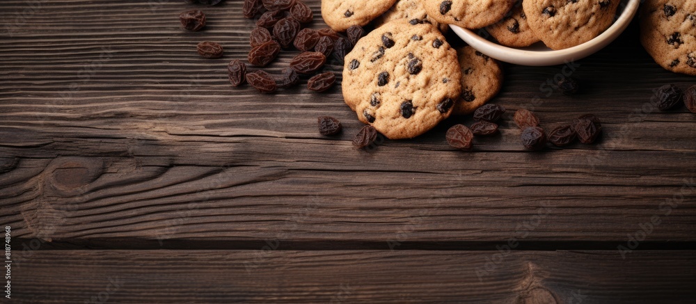 Aufkleber on a wooden table a brown mask of homemade oatmeal cookies with raisins is displayed creating a copy