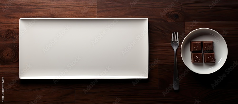 Leinwandbilder aerial view of a dark wood surface with an empty white plate featuring a chocolate composition creat