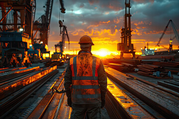 A worker on work, Beautiful sunset view. Created with Ai