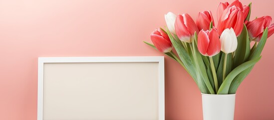 Greeting card mockup featuring a decorative empty frame with a bouquet of tulips providing copy space for text