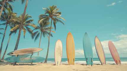 A row of surfboards are lined up on a beach next to palm trees. The surfboards are of different colors and sizes, and they are all facing the ocean. Concept of excitement and adventure
