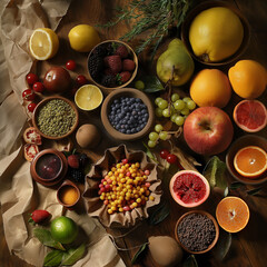 Assorted Citrus Fruits and Berries on Rustic Wooden Table