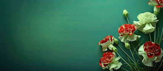 A copy space image of green background with carnations and starchis