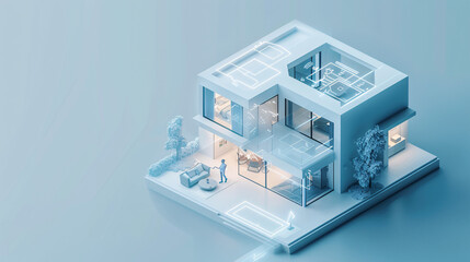 In a futuristic depiction of home technology, an individual uses a remote control to interact with the components of an AI-augmented reality smart home. The isometric layout and minimal color scheme