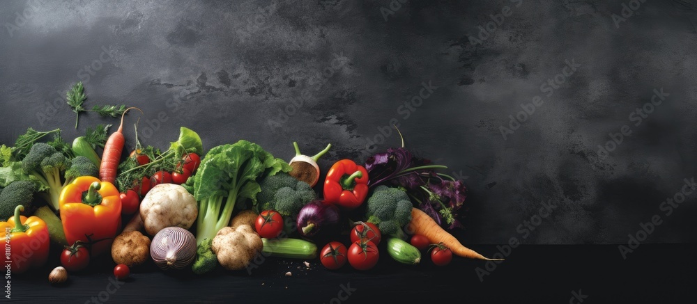 Poster copy space image of fresh farmer vegetables on a dark beton table creating a vibrant food background