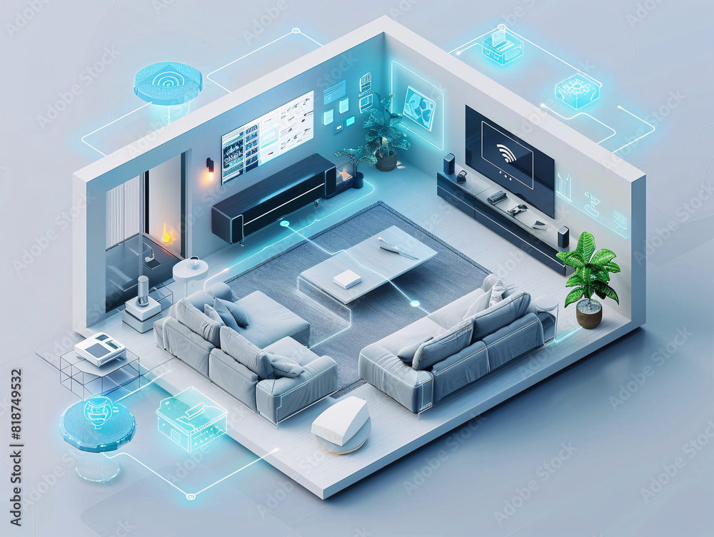 Poster in a futuristic depiction of home technology, an individual uses a remote control to interact with t