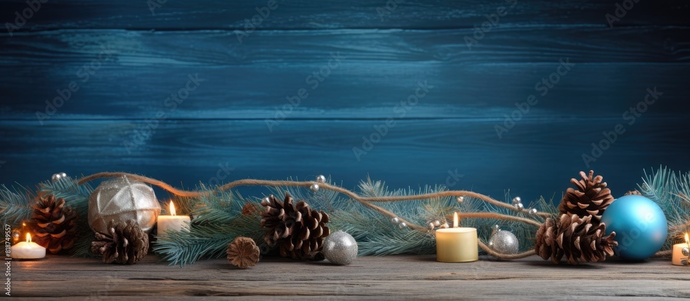 Poster a copy space image of christmas decorations set on a rustic blue wooden table
