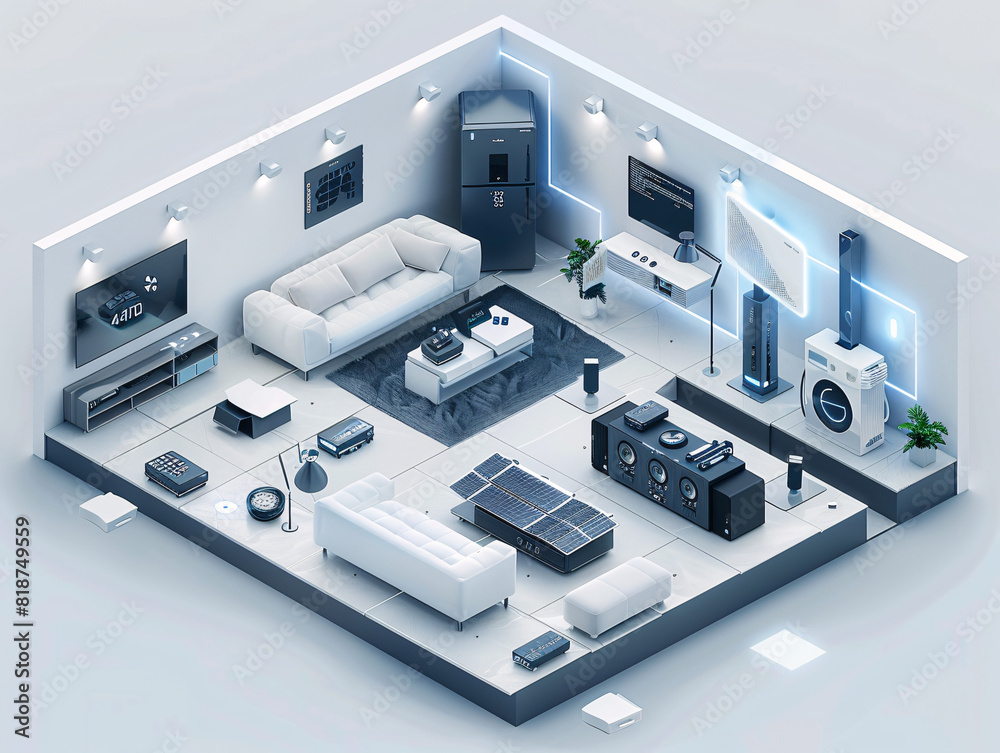 Poster in a futuristic depiction of home technology, an individual uses a remote control to interact with t