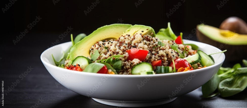 Poster a fresh and healthy salad made with quinoa and avocado in a copy space image