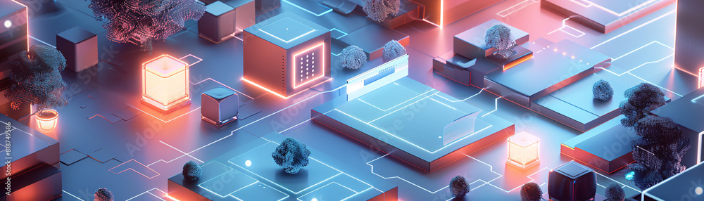 Poster in a futuristic depiction of home technology, an individual uses a remote control to interact with t