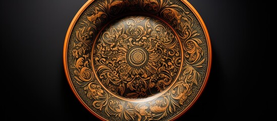 The copy space image showcases a beautifully crafted ceramic plate meticulously made by hand set against a contrasting black backdrop