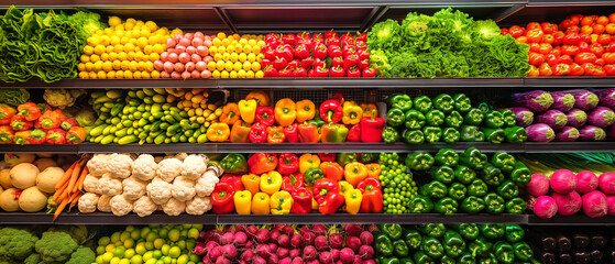 Colorful fresh vegetables arranged neatly in a supermarket produce section. Generative AI	 - Powered by Adobe