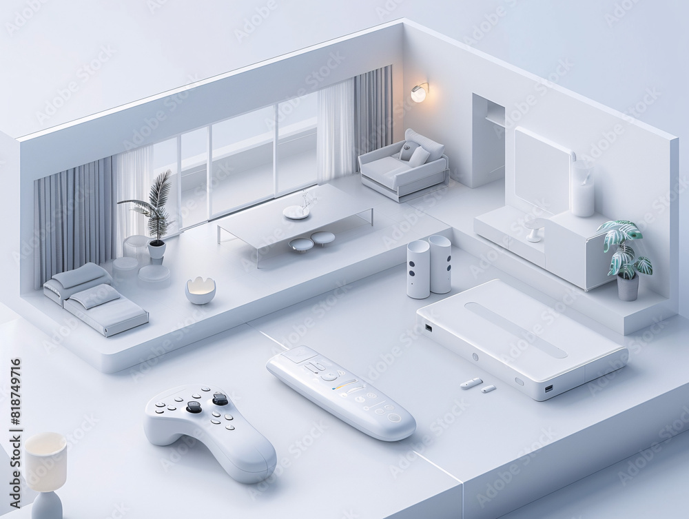 Poster in a futuristic depiction of home technology, an individual uses a remote control to interact with t