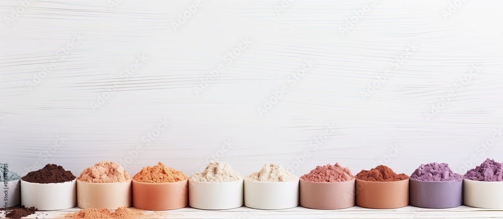 Poster various types of cosmetic clays arranged on a white wooden table with copy space image