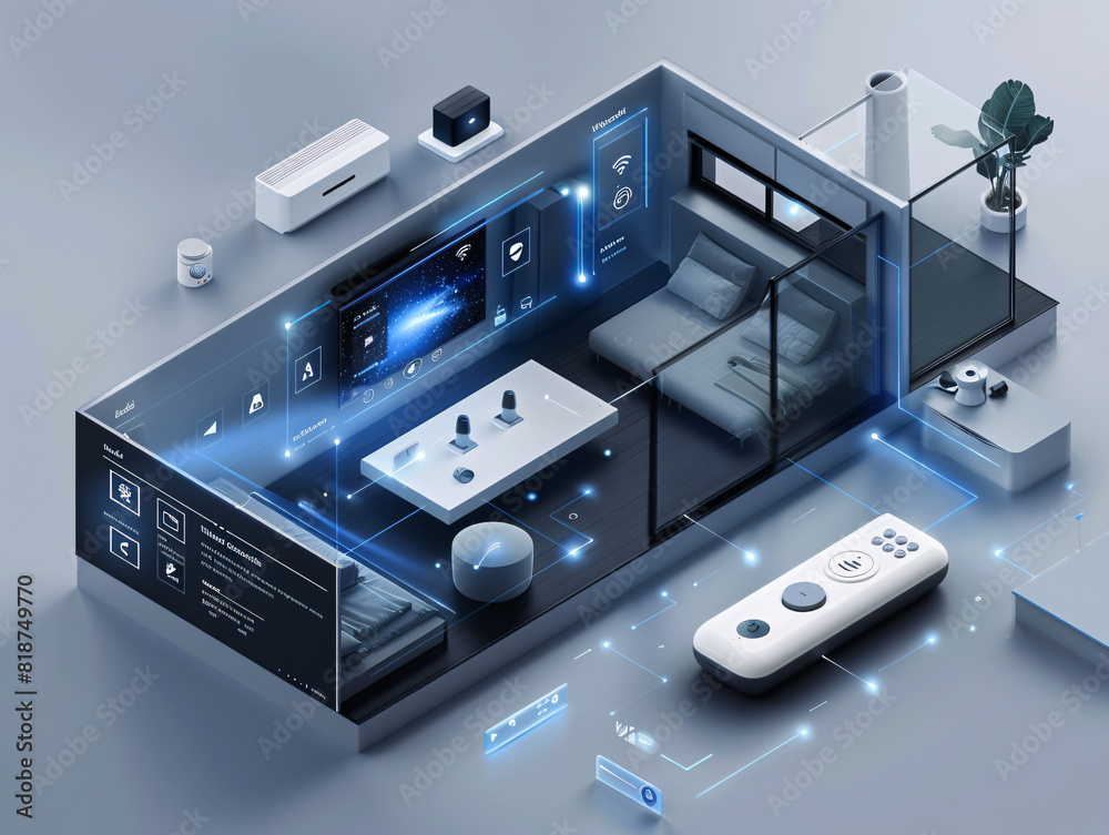 Poster in a futuristic depiction of home technology, an individual uses a remote control to interact with t