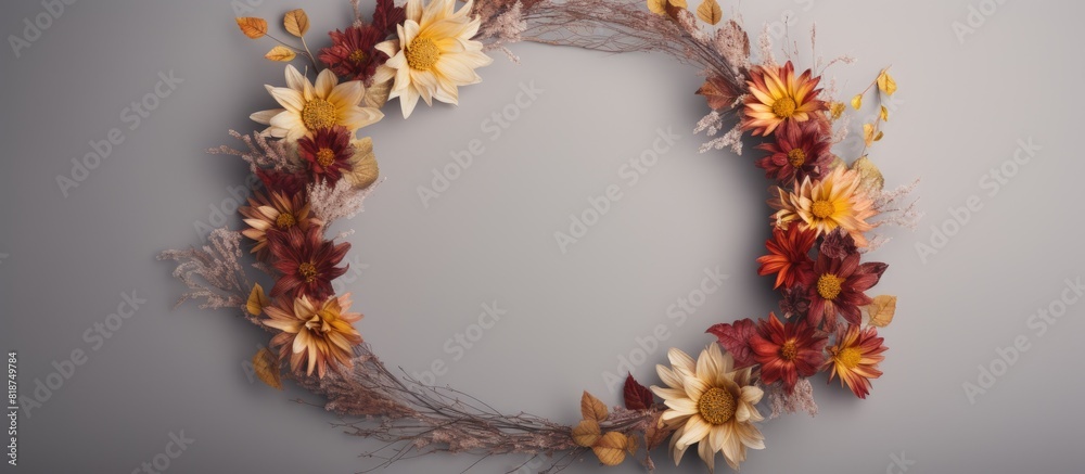Aufkleber Copy space image of an autumn wreath made of leaves and flowers encircled in a round frame placed on a neutral grey background