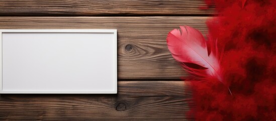 A copy space image with a wooden background showcasing a blank white paper adorned with a red feather and satin hearts
