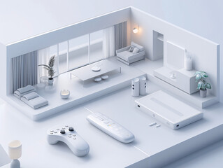 In a futuristic depiction of home technology, an individual uses a remote control to interact with the components of an AI-augmented reality smart home. The isometric layout and minimal color scheme