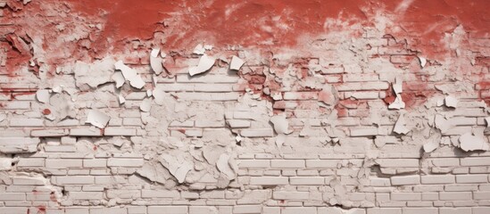 The copy space image of a brick wall reveals a peeling pattern of white grout and red painted bricks