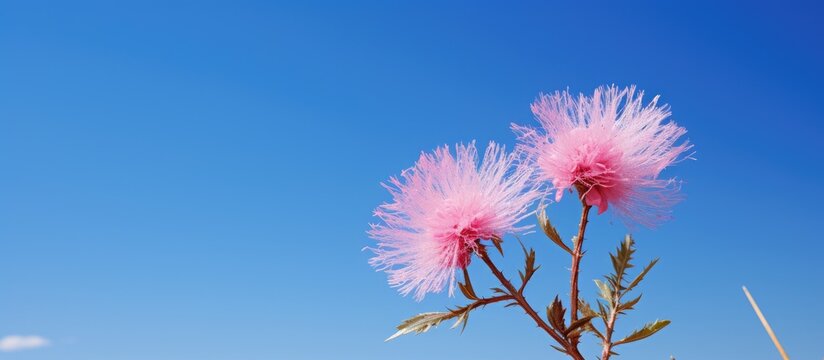 Copy space image of a pink Tamarix gallica flower against a backdrop of blue sky
