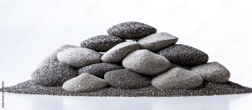 Aufkleber A low angle view of a stack of nutritious chia seeds on a white background with ample space for text or other images