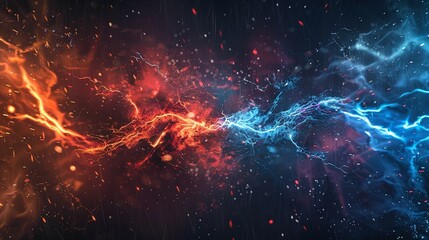 Red and blue lightning clash in the center of an abstract background