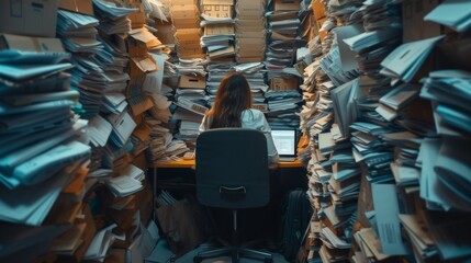 Accountant woman back view at the office full of papers, reports, finance documents.