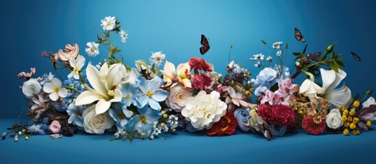 A stunning arrangement of flowers set against a captivating blue backdrop creating the perfect copy space image