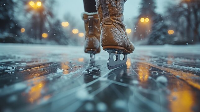 Ice skater performing a spin detailed focus on skates and ice sports theme frosty rink backdrop
