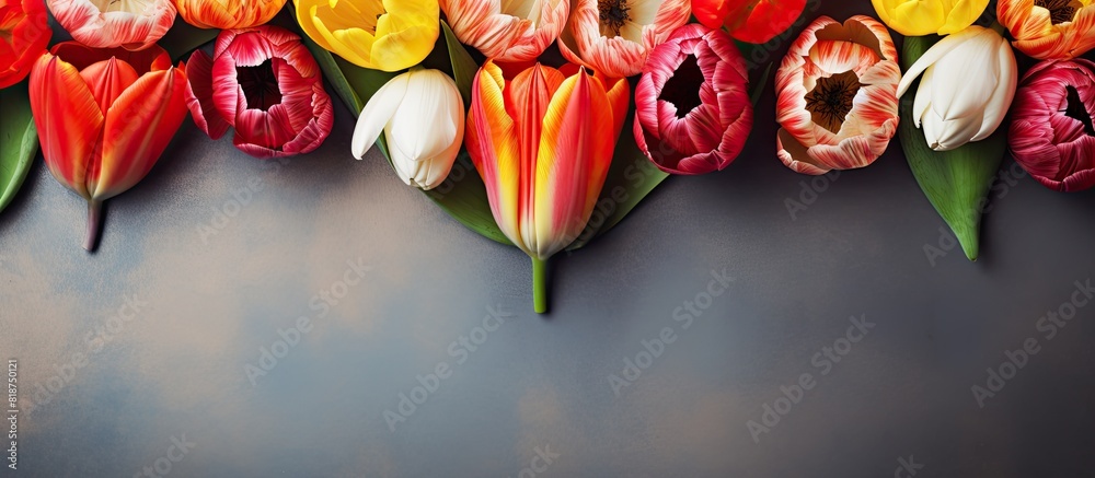 Poster a top view image of tulips and gerbera flowers with a heart on a vintage background perfect for moth