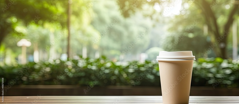 Aufkleber There is a copy space image of a disposable paper cup on a table with a blurry window and greenery in the background