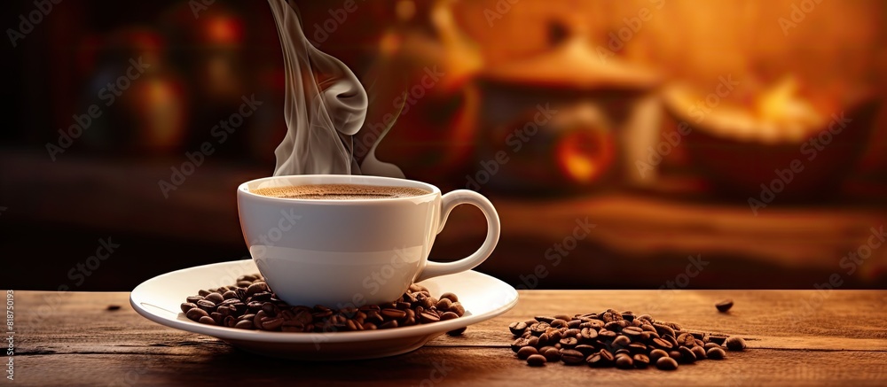 Aufkleber in a cozy cafe setting a wooden table showcases a coffee cup surrounded by aromatic coffee beans cre