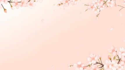 Elegant cherry blossoms extend from the sides into a soft pink background, with petals gently falling