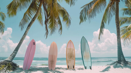 Four surfboards are lined up on a beach, with the ocean in the background. The surfboards are of...