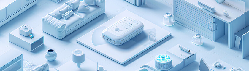 Within the sleek interior of an AI-augmented reality smart home, a person holds a remote control, managing modern smart home components with ease. The futuristic setting and minimalist color scheme
