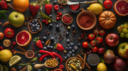 Colorful Assortment of Fresh Fruits, Vegetables, and Spices