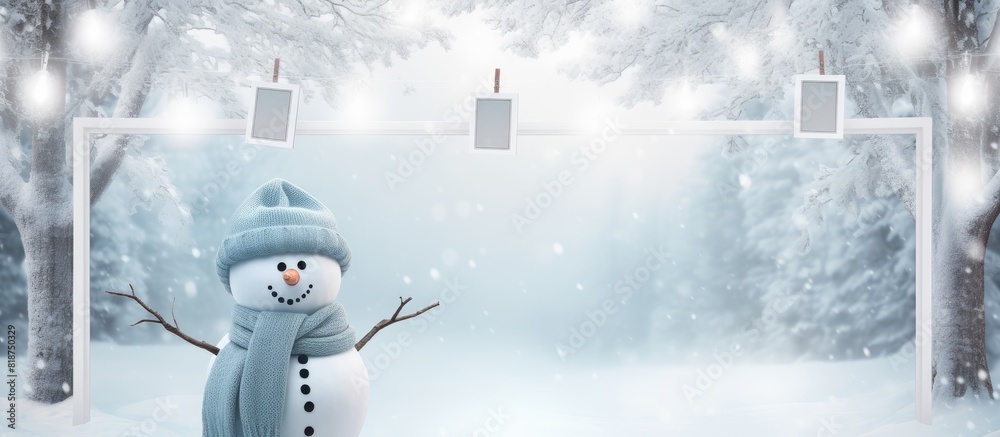 Aufkleber A snowman and empty picture frames hang on a clothesline creating a peaceful scene against a white backdrop Perfect for copy space image