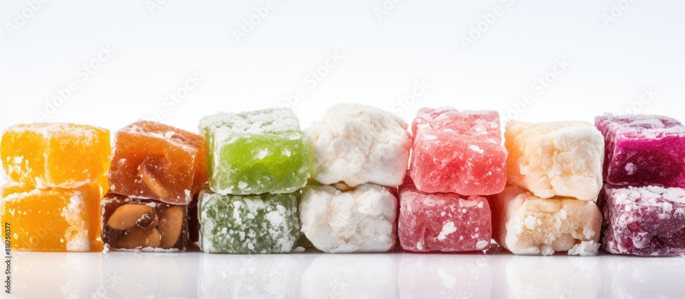 Sticker A close up image showcasing a variety of traditional Turkish delight lokum sweets on a white background with ample copy space