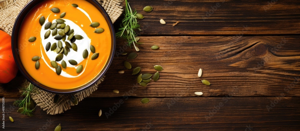 Poster a top view of pumpkin and carrot soup with cream and pumpkin seeds on a wooden background featuring 