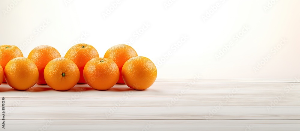 Poster a copy space image of small tangerines resting on a clean white wooden table