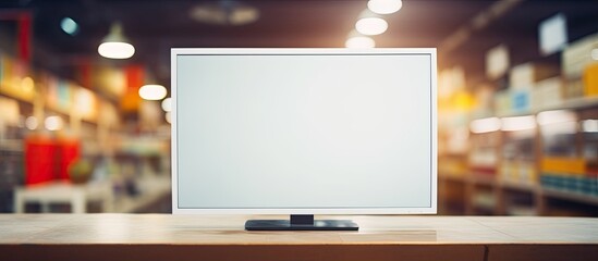 Blurred background featuring a blank TV in a supermarket with plenty of space for additional images or text